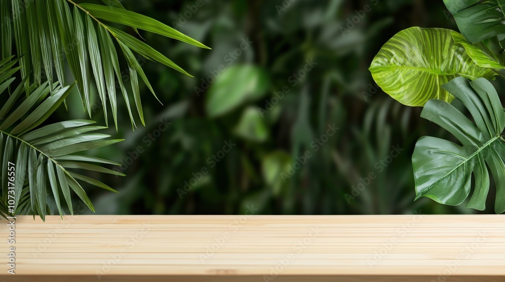 A serene wooden table surrounded by lush green tropical leaves.