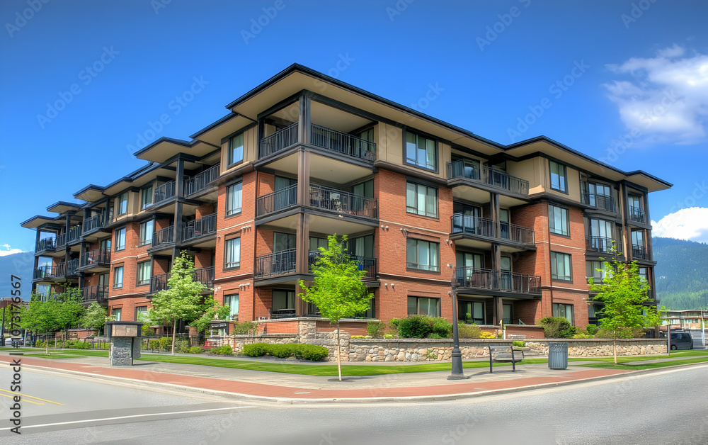 Modern residential building with balconies and landscaping. Modern residential building with balconies and landscaping.