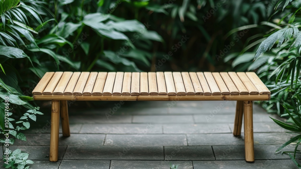 Fototapeta premium A simple wooden bench surrounded by lush green plants in a serene environment.