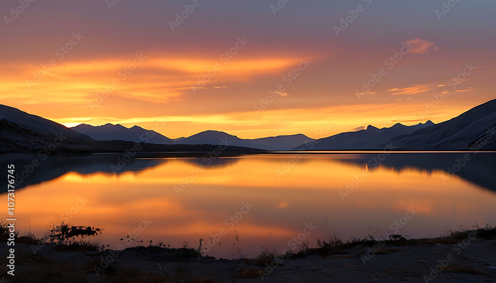 Obraz premium Sunset in the mountains at a calm lake - Sunset over the mountain reflection at golden hour, Calm mountain lake reflecting the sunset in the mountains, dawn