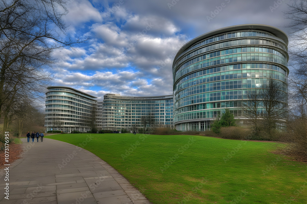 Modern glass buildings surrounded by greenery and a pathway under a cloudy sky. Modern glass buildings surrounded by greenery and a pathway under a cloudy sky.