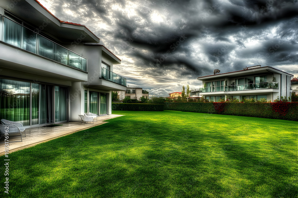 A modern residential area featuring manicured lawns and contemporary architecture under dramatic skies. A modern residential area featuring manicured lawns and contemporary architecture under dramatic skies.