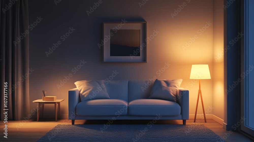 Cozy night scene, warm light source, detailed interior, 3D illustration Cozy night scene, warm light source, detailed interior, 3D illustration