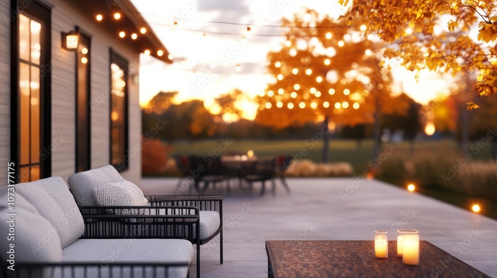Cozy outdoor patio, warm lights, evening theme, 3D illustration Cozy outdoor patio, warm lights, evening theme, 3D illustration