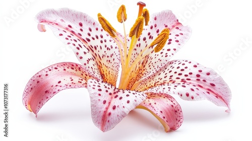 Elegant stargazer lily with pink speckles on white background