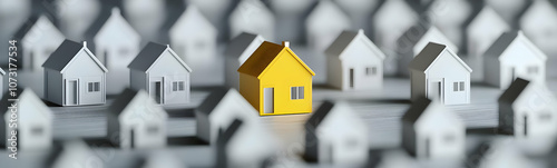 A yellow house stands out among many gray houses, symbolizing uniqueness in real estate.