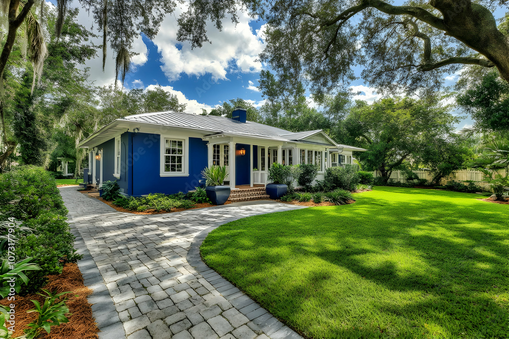A charming blue house surrounded by lush greenery and a well-maintained pathway. A charming blue house surrounded by lush greenery and a well-maintained pathway.