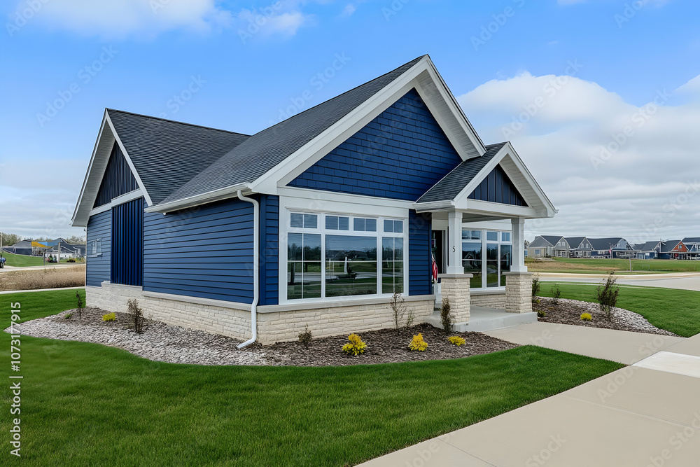 Modern blue house with landscaped yard and clear sky. Modern blue house with landscaped yard and clear sky.