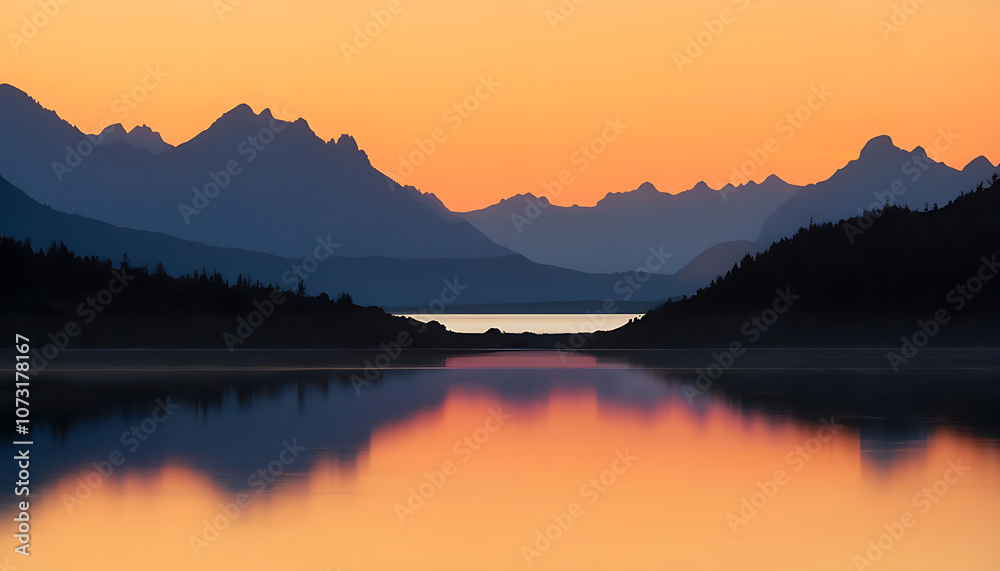 Sunset in the mountains at a calm lake - Sunset over the mountain reflection at golden hour, Calm mountain lake reflecting the sunset in the mountains, dawn