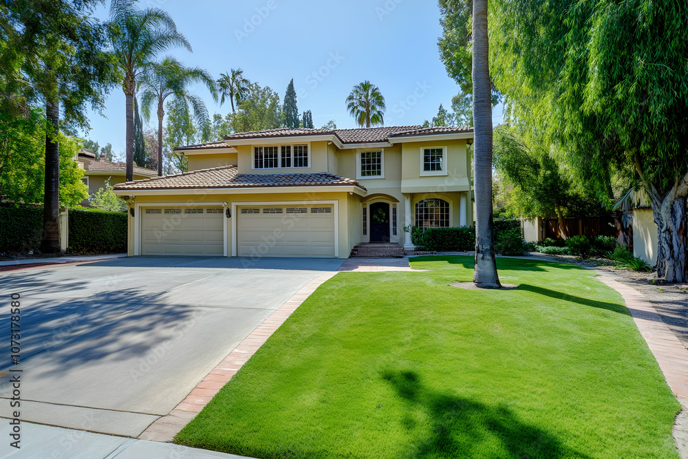 A spacious suburban house with a well-maintained lawn and palm trees. A spacious suburban house with a well-maintained lawn and palm trees.