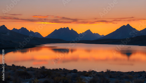 Sunset in the mountains at a calm lake - Sunset over the mountain reflection at golden hour, Calm mountain lake reflecting the sunset in the mountains, dawn