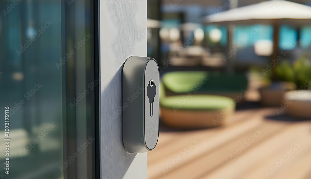 A close-up of a modern door lock, highlighting security features in a leisure environment. A close-up of a modern door lock, highlighting security features in a leisure environment.