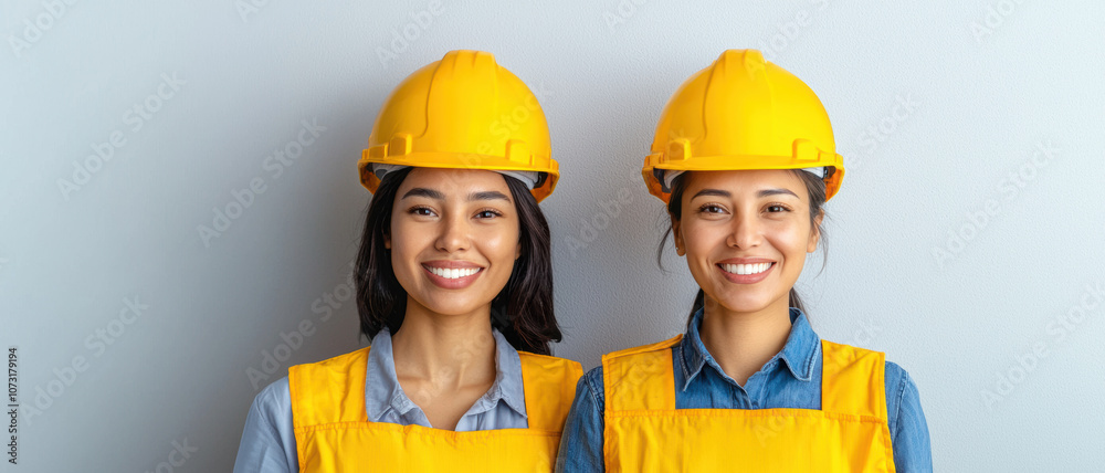 Two smiling women in yellow safety helmets and vests pose together against a light wall, showcasing a positive work environment. Two smiling women in yellow safety helmets and vests pose together against a light wall, showcasing a positive work environment.