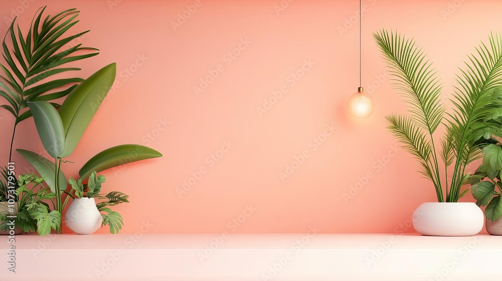 Indoor plant display, warm artificial light, natural theme, 3D illustration Indoor plant display, warm artificial light, natural theme, 3D illustration