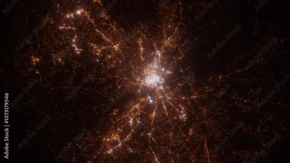 Columbia (South Carolina, USA) aerial view at night. Top view on modern city with street lights. Camera is zooming out, rotating counterclockwise. Vertical video. The north is on the left side