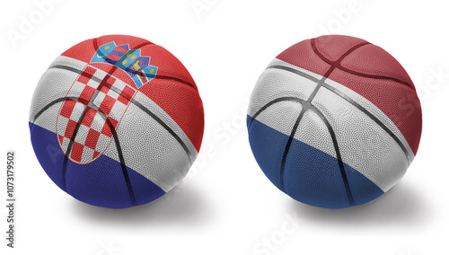 basketball balls with the national flags of netherlands and croatia on the white background. photo