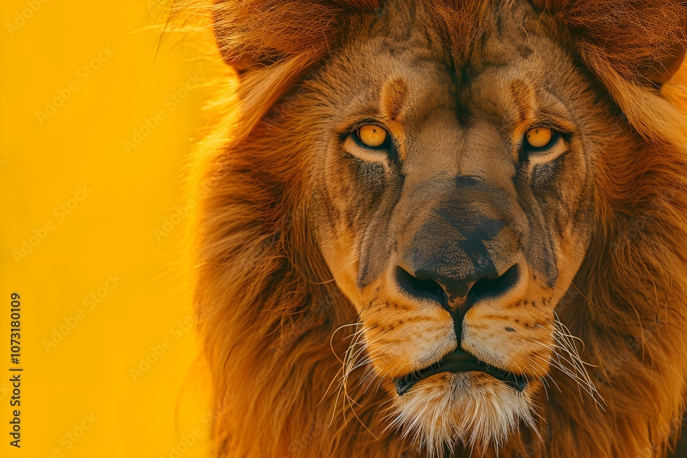 Naklejka premium lion looking surprised, reacting amazed, impressed, standing over yellow background