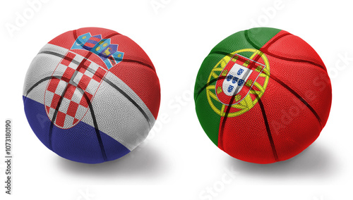 basketball balls with the national flags of portugal and croatia on the white background. photo