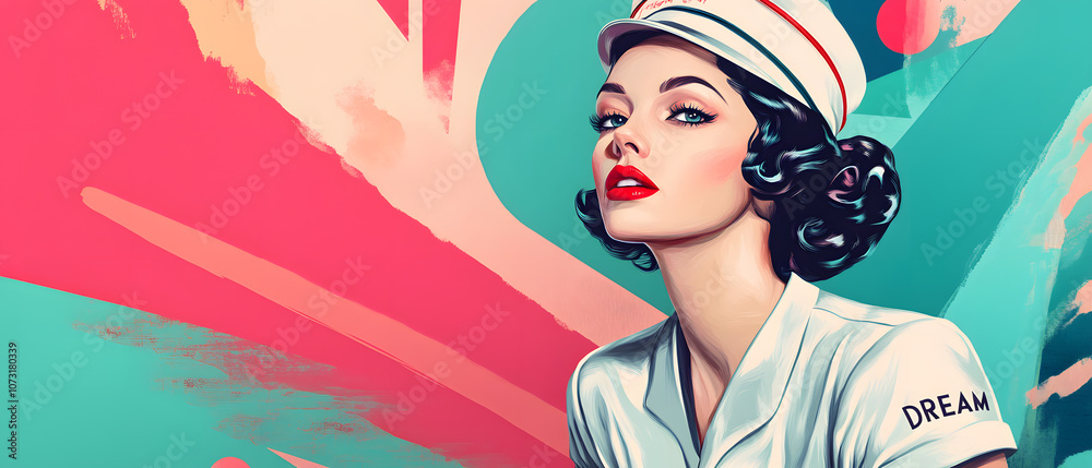 Dreamy Retro Woman in White Uniform with Bold Makeup and Colorful Background, Dreamy Retro Woman in White Uniform with Bold Makeup and Colorfu Dreamy Retro Woman in White Uniform with Bold Makeup and Colorful Background, Dreamy Retro Woman in White Uniform with Bold Makeup and Colorfu