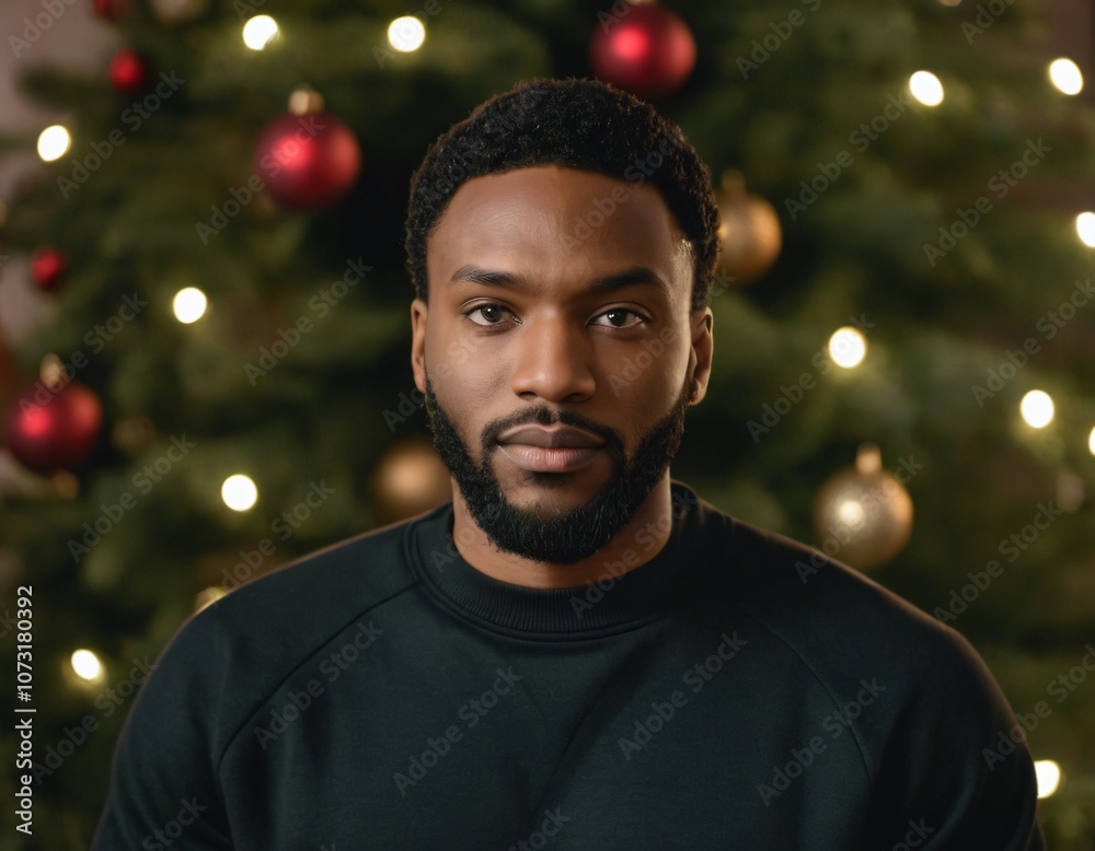 Handsome Africans Americans man wearing a black blank crewneck sweatshirt. mock up style photo. background outside at Christmas's time. Handsome Africans Americans man wearing a black blank crewneck sweatshirt. mock up style photo. background outside at Christmas's time.