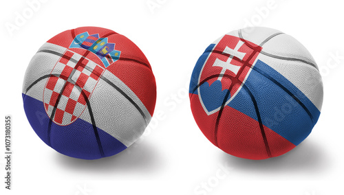 basketball balls with the national flags of slovakia and croatia on the white background. photo