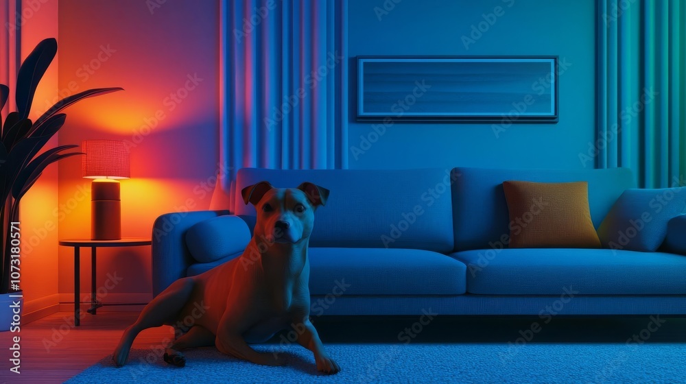 Obraz premium Living room with pets, warm glow, comfortable feel, 3D illustration