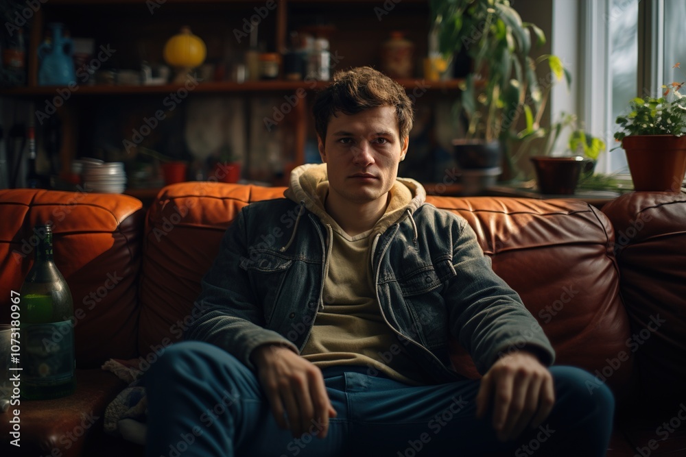 A man is sitting on a couch with a bottle of beer in front of him A man is sitting on a couch with a bottle of beer in front of him