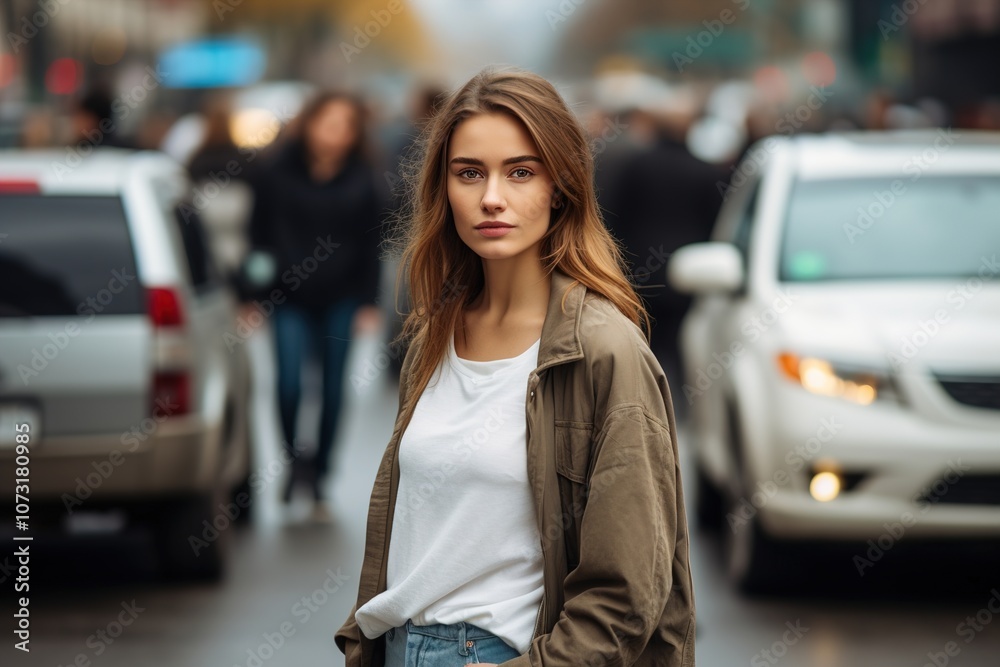 A woman stands in the middle of a busy street, surrounded by cars and people A woman stands in the middle of a busy street, surrounded by cars and people