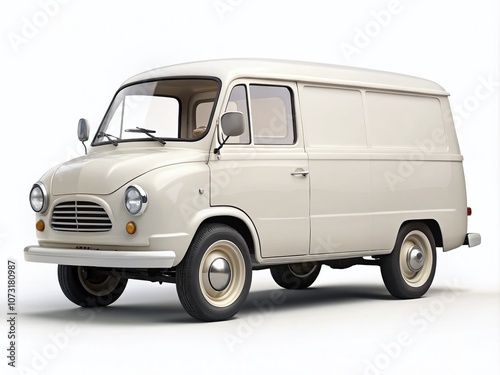 Vintage Mock-Up of a White Delivery Van Isolated on a White Background for Cargo Transport Vehicle Templates and Commercial Use in Advertising and Design Projects