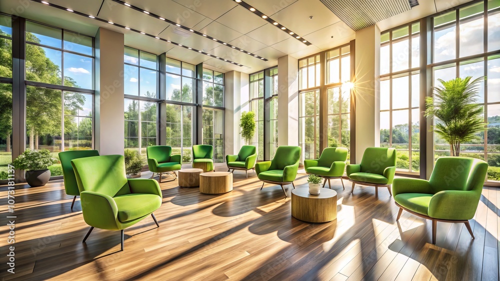 A Serene Room Featuring a Row of Green Chairs Bathed in Sunlight with Large Windows, Perfect for Relaxation and Inspiration in a Modern Interior Design Setting A Serene Room Featuring a Row of Green Chairs Bathed in Sunlight with Large Windows, Perfect for Relaxation and Inspiration in a Modern Interior Design Setting