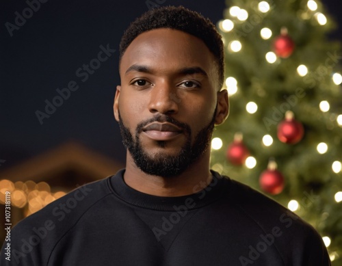 Handsome Africans Americans man wearing a black blank crewneck sweatshirt. mock up style photo. background outside at Christmas's time.