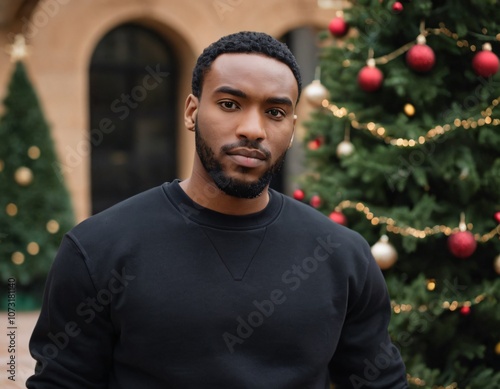 Handsome Africans Americans man wearing a black blank crewneck sweatshirt. mock up style photo. background outside at Christmas's time.