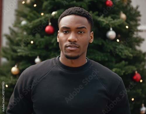Handsome Africans Americans man wearing a black blank crewneck sweatshirt. mock up style photo. background outside at Christmas's time.