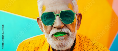 Stylish Senior Man with Green Sunglasses and Lipstick Posing Against a Colorful Background, Stylish Senior Man with Green Sunglasses and Lipstick Posing Aga photo