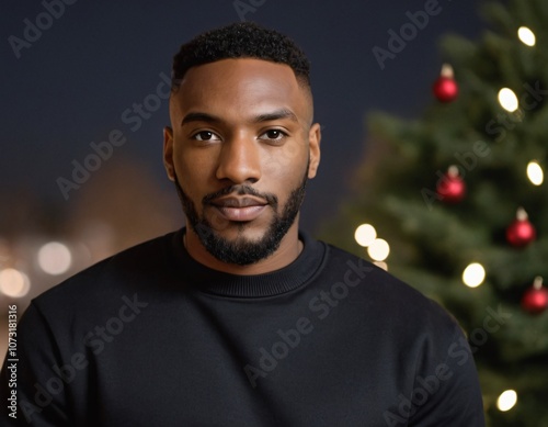 Handsome Africans Americans man wearing a black blank crewneck sweatshirt. mock up style photo. background outside at Christmas's time.