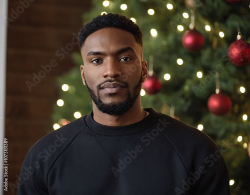Handsome Africans Americans man wearing a black blank crewneck sweatshirt. mock up style photo. background outside at Christmas's time.