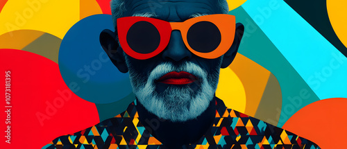 Bold and Colorful Portrait of a Man with Sunglasses and a Geometric Background, Bold and Colorful Portrait of a Man with Sunglasses and a Geomet
