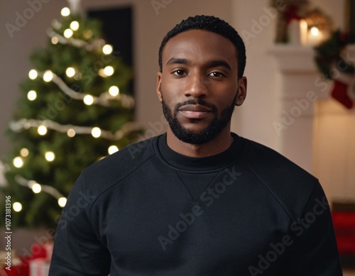 Handsome Africans Americans man wearing a black blank crewneck sweatshirt. mock up style photo. background outside at Christmas's time.