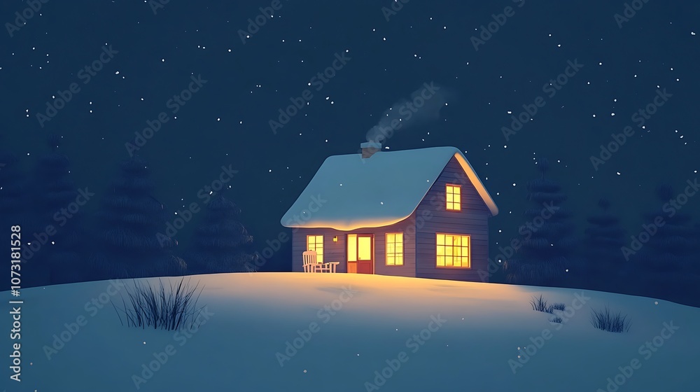 A Cozy Cabin with Illuminated Windows on a Snowy Night A Cozy Cabin with Illuminated Windows on a Snowy Night