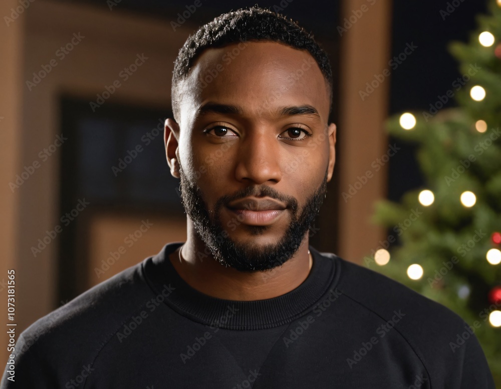 Handsome Africans Americans man wearing a black blank crewneck sweatshirt. mock up style photo. background outside at Christmas's time. Handsome Africans Americans man wearing a black blank crewneck sweatshirt. mock up style photo. background outside at Christmas's time.