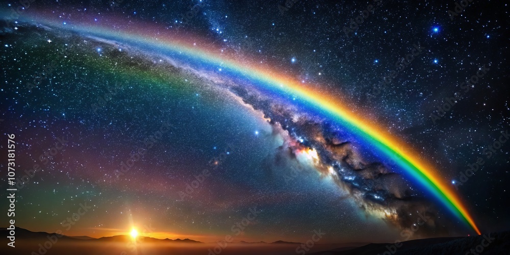 A Stunning Celestial Display: A Comet with a Vibrant Rainbow Trail Illuminating the Dark Expanse of Space, Surrounded by Distant Stars and Cosmic Wonders A Stunning Celestial Display: A Comet with a Vibrant Rainbow Trail Illuminating the Dark Expanse of Space, Surrounded by Distant Stars and Cosmic Wonders