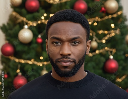 Handsome Africans Americans man wearing a black blank crewneck sweatshirt. mock up style photo. background outside at Christmas's time.