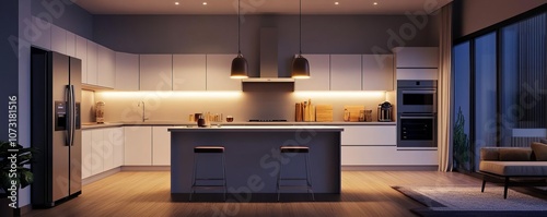 Modern kitchen at night, warm lights, inviting scene, 3D render