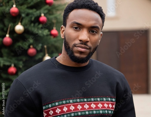 Handsome Africans Americans man wearing a black blank crewneck sweatshirt. mock up style photo. background outside at Christmas's time.