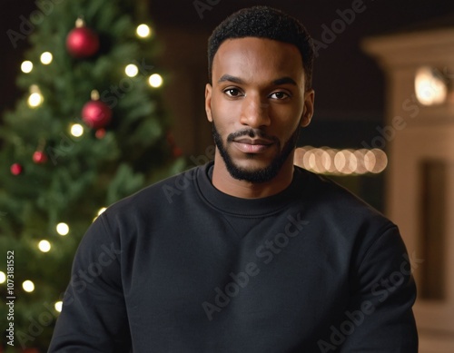 Handsome Africans Americans man wearing a black blank crewneck sweatshirt. mock up style photo. background outside at Christmas's time.