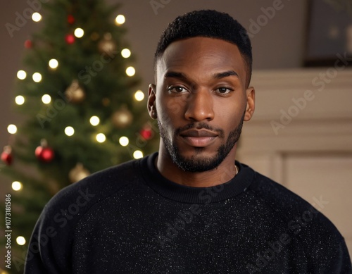 Handsome Africans Americans man wearing a black blank crewneck sweatshirt. mock up style photo. background outside at Christmas's time.