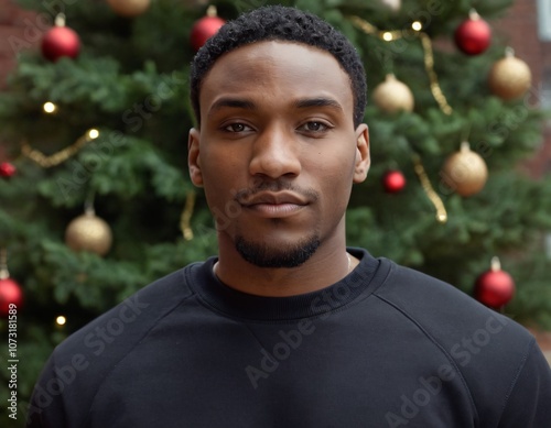 Handsome Africans Americans man wearing a black blank crewneck sweatshirt. mock up style photo. background outside at Christmas's time.
