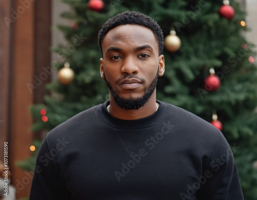 Handsome Africans Americans man wearing a black blank crewneck sweatshirt. mock up style photo. background outside at Christmas's time.