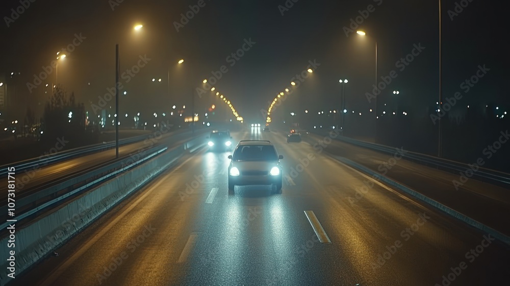 Cars driving on a foggy highway at night, with streetlights illuminating the road ahead. Cars driving on a foggy highway at night, with streetlights illuminating the road ahead.