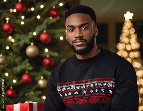 Handsome Africans Americans man wearing a black blank crewneck sweatshirt. mock up style photo. background outside at Christmas's time.